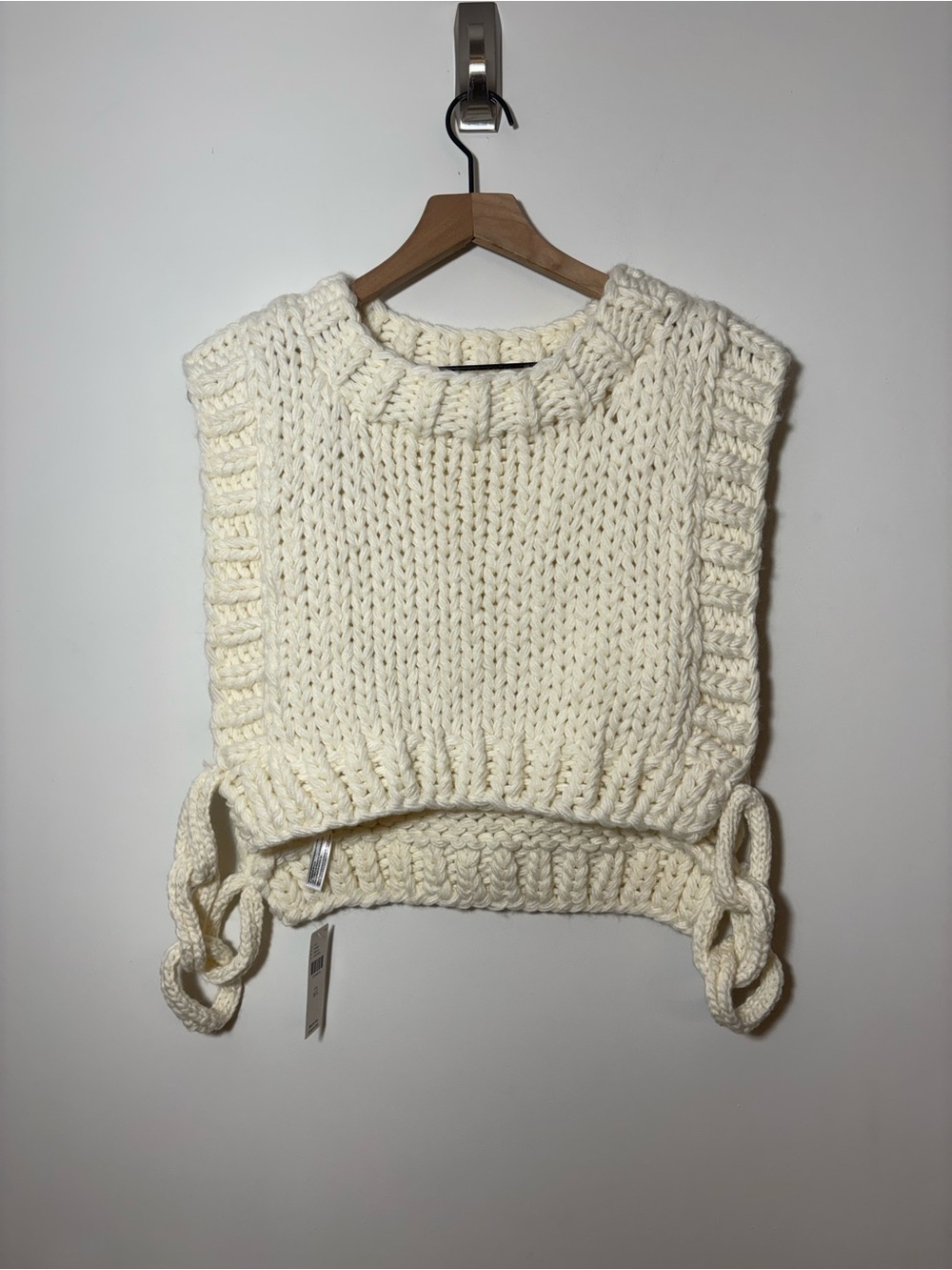 Anthropologie Chunky Knit Wool Sleeveless Sweater Vest Ivory Side Tie One Size
